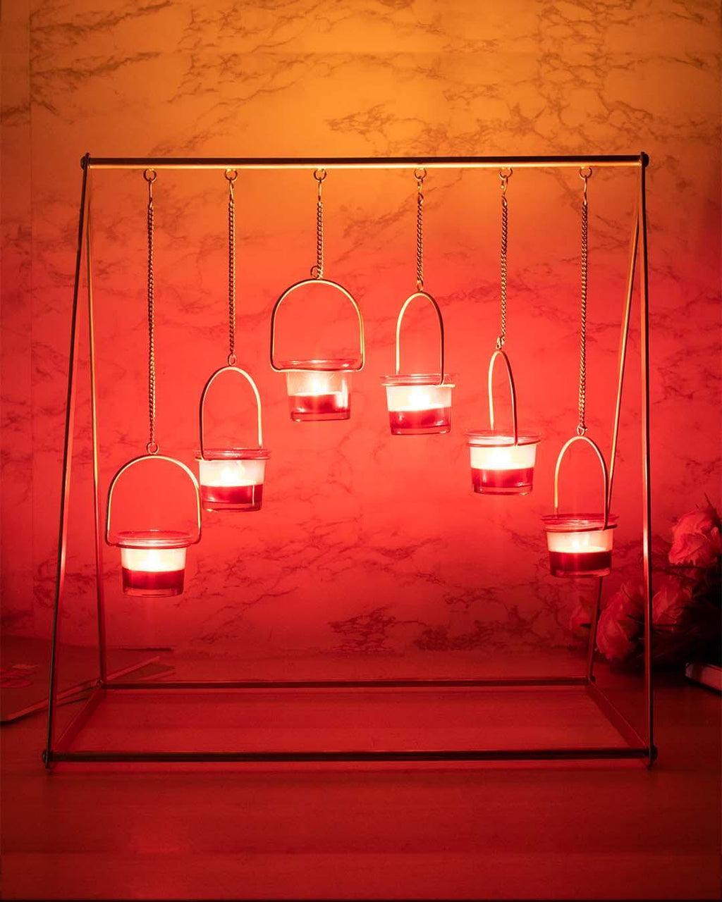 Lighting Hanging Votive T-Light Holder, 6 Votives, Diwali Lighting, Golden Colour, Iron
