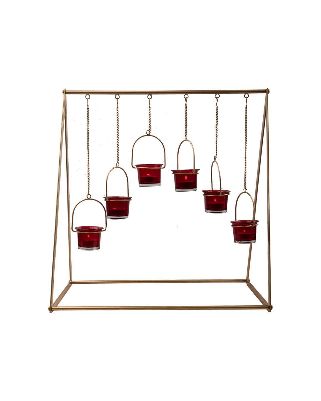 Lighting Hanging Votive T-Light Holder, 6 Votives, Diwali Lighting, Golden Colour, Iron